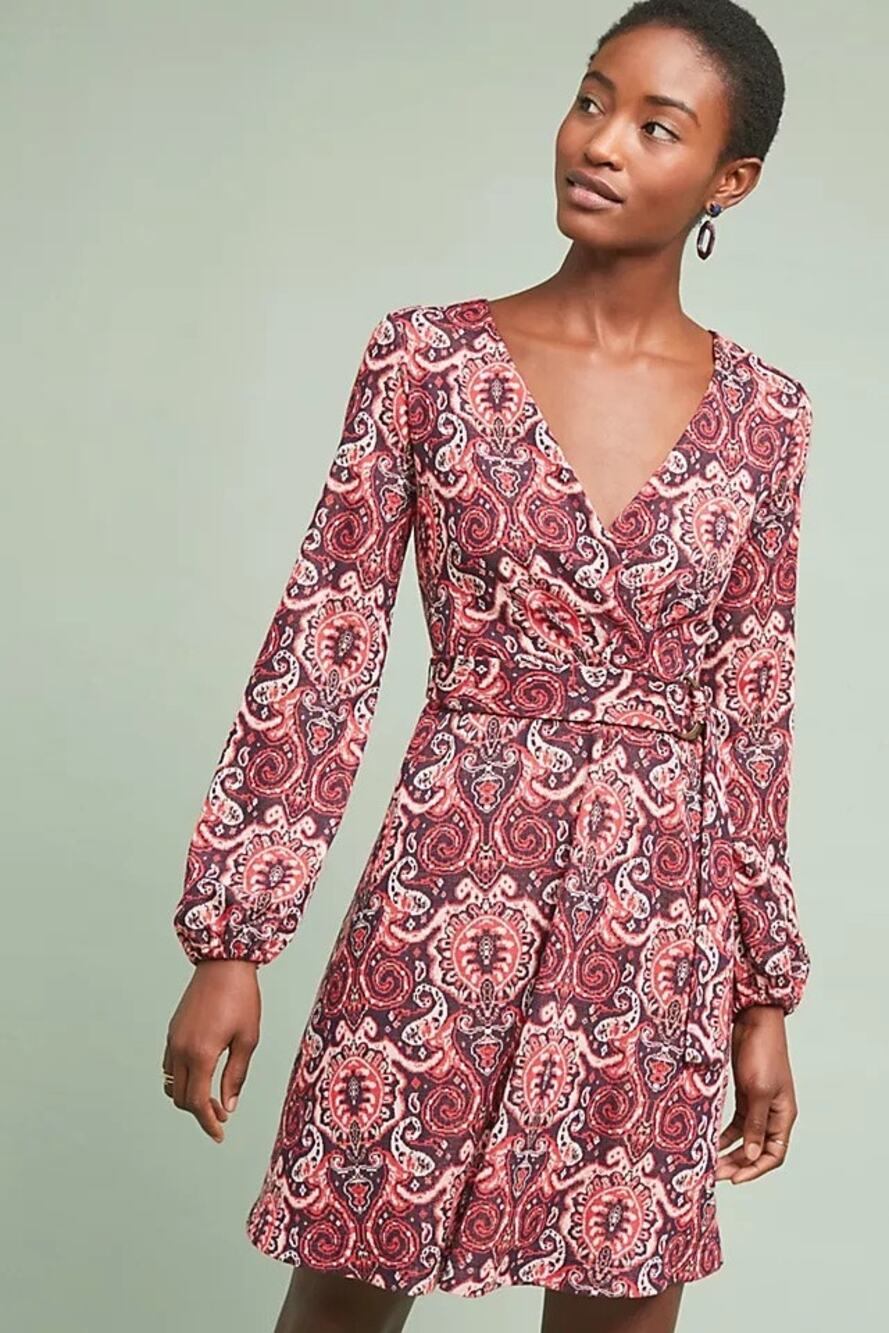 Anthropologie Maeve Sparkle Knit Jacquared Paisley Dress XS Long Sleeve